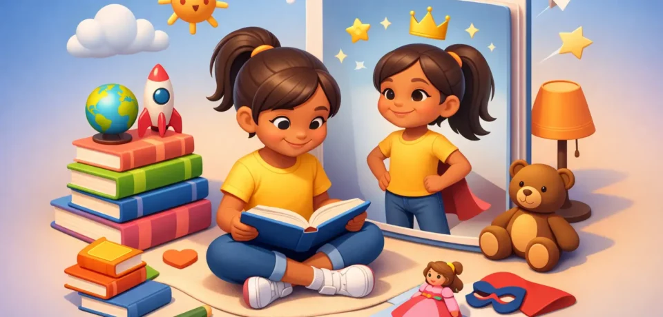 Child reading with toys and reflection.
