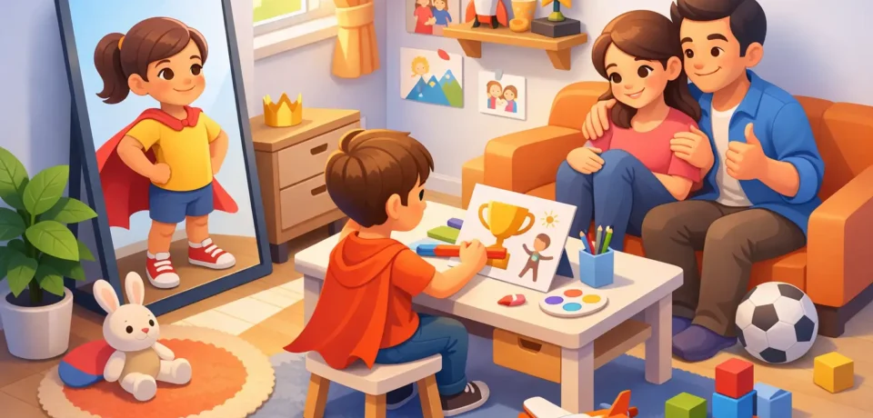 Child creating art with supportive parents.