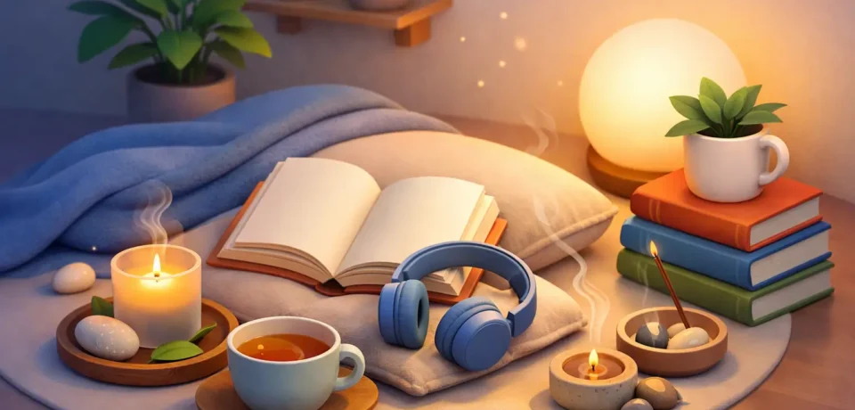 Cozy reading nook with calming elements.