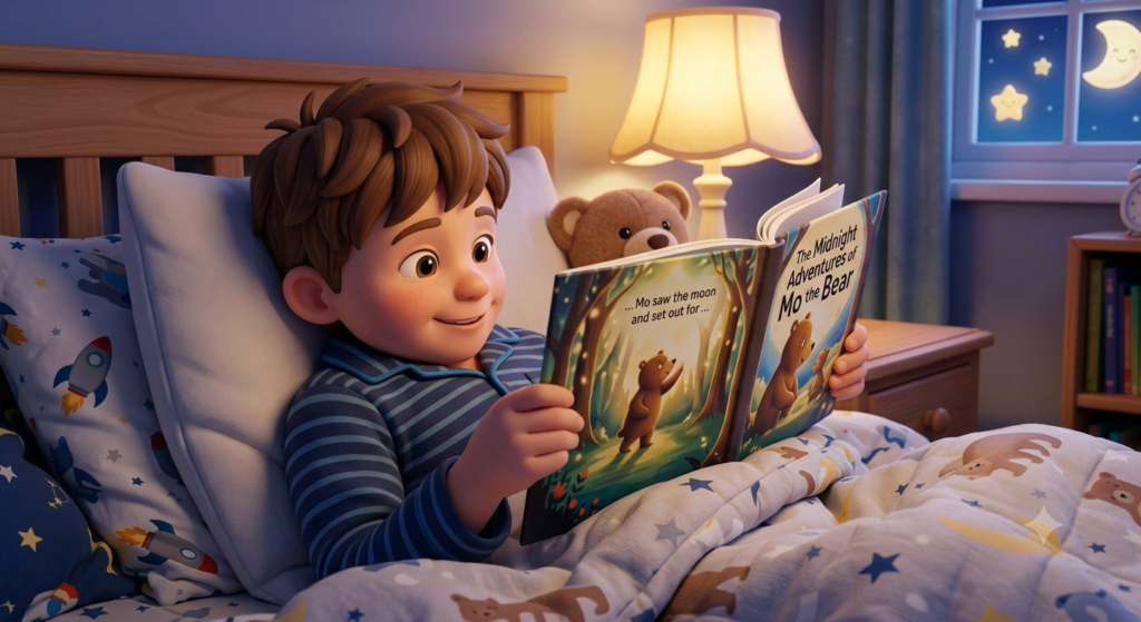 Child reading a bedtime story.