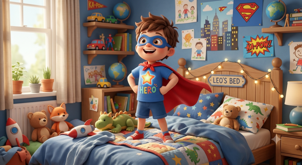 Child superhero in colorful bedroom