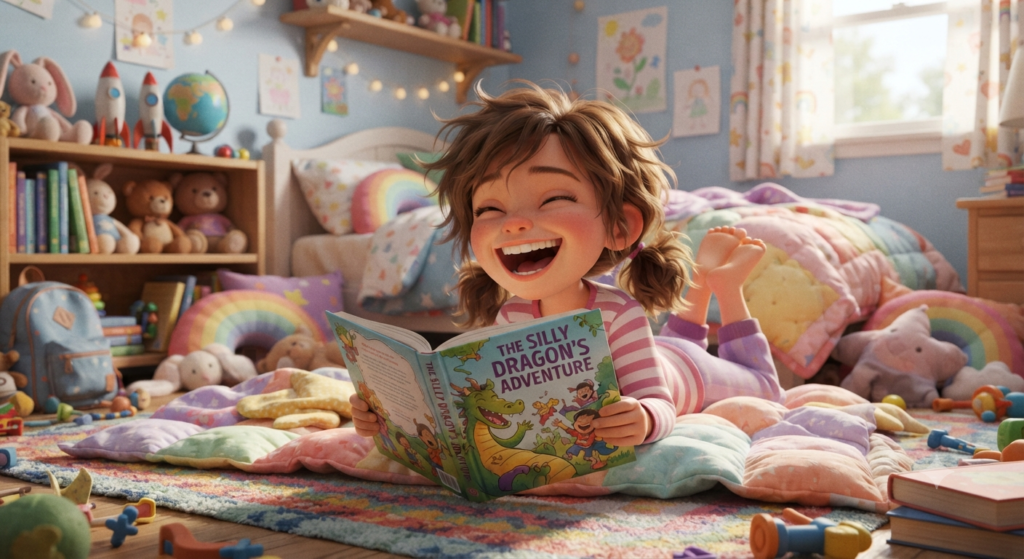 Child laughing while reading a silly Maple-Kids story