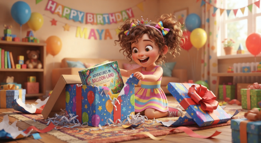 Child opening a personalized storybook gift