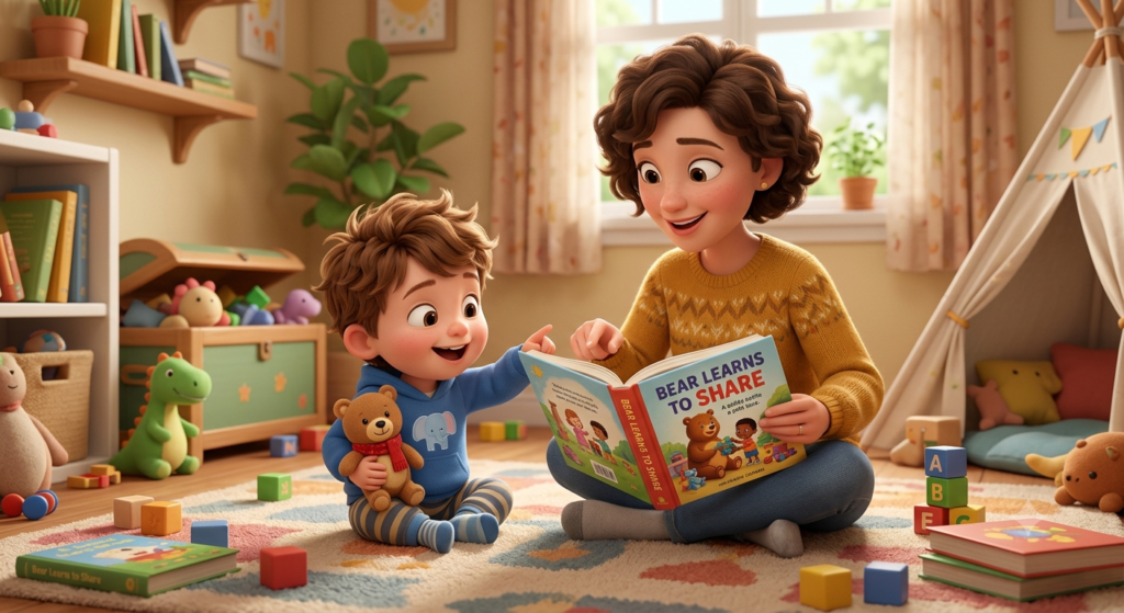 Mother reading to child indoors.