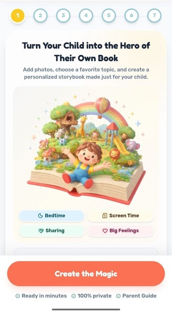 parent choosing a story topic and adding an optional photo to create a personalized children's storybook