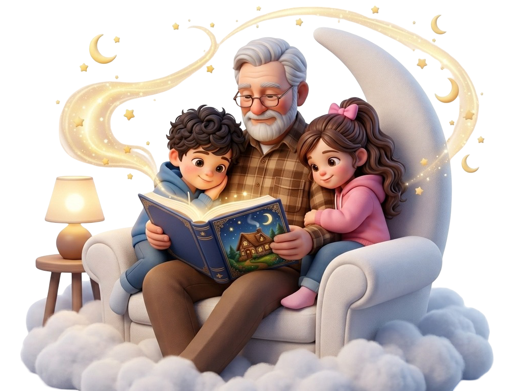 Grandfather reading to children happily.