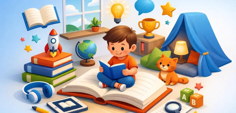 Child reading with books and toys.