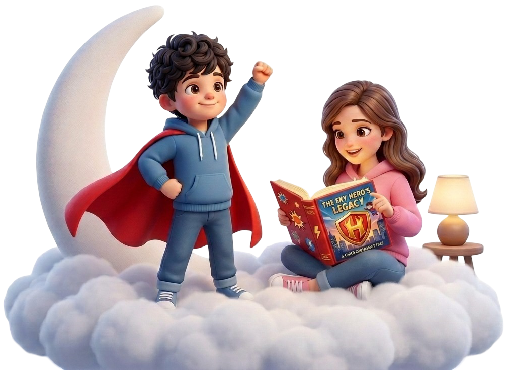 Child in cape, girl reading book