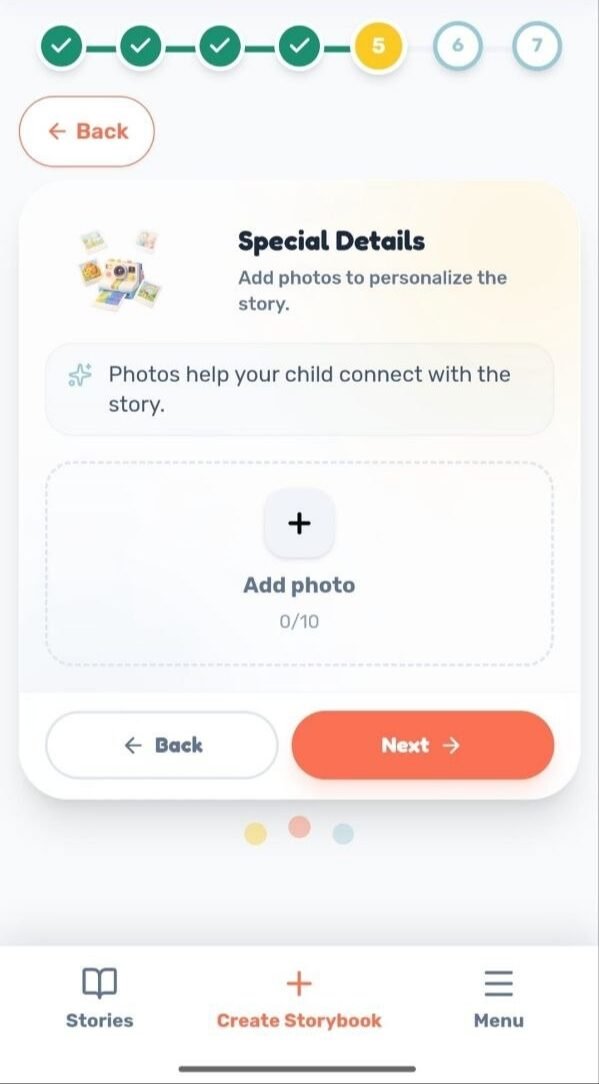 Maple-Kids app Step 5 screen: parent optionally uploading up to 10 photos to personalize their child's storybook