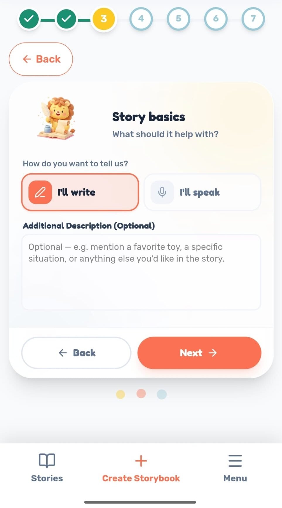 Maple-Kids app Step 3 screen: parent entering story basics by writing or speaking, with an optional field to add extra details like a favorite toy or situation