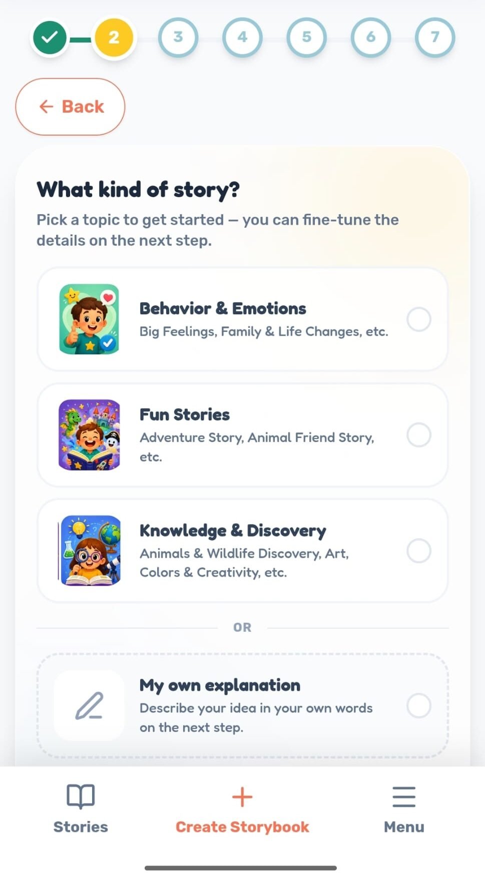 choosing a story category — Behavior & Emotions, Fun Stories, or Knowledge & Discovery