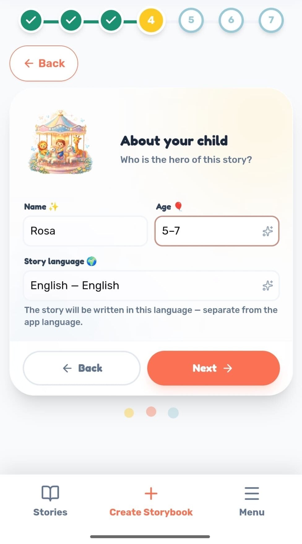 Maple-Kids app Step 4 screen: parent entering the child's name, age, and preferred story language to personalize the storybook