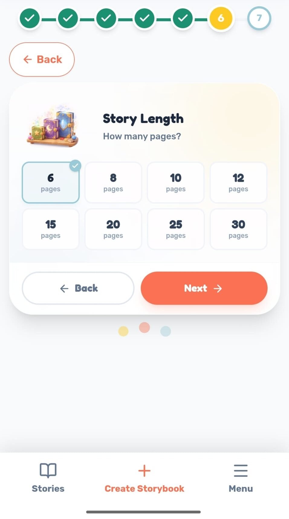 Maple-Kids app Step 6 screen: parent selecting the story length, from 6 to 30 pages