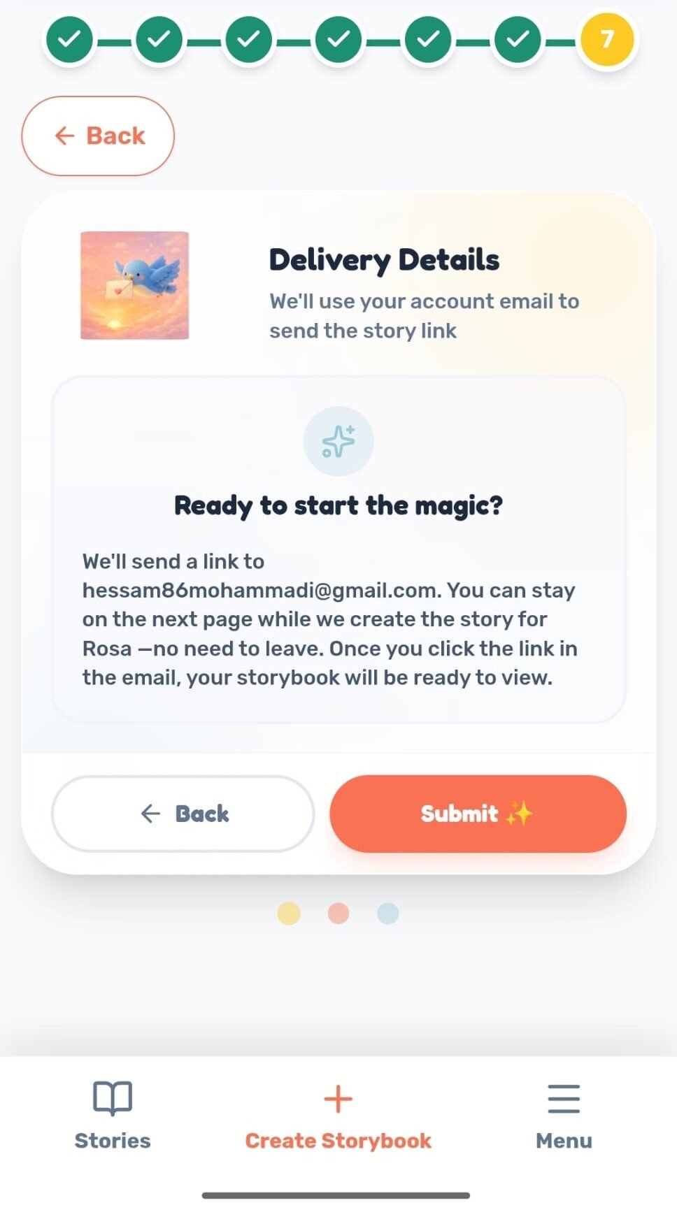 Maple-Kids app Step 7 screen: parent confirming delivery details before submitting to receive the finished storybook by email