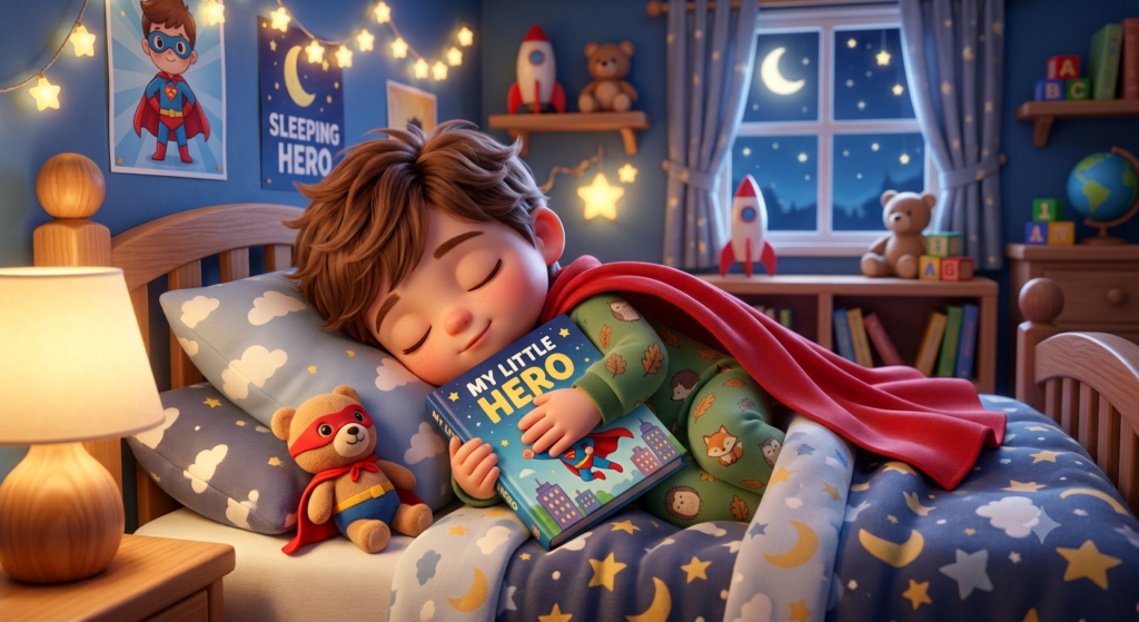 Child sleeping with book and teddy