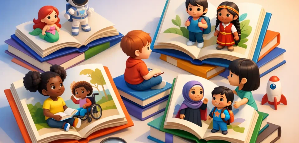 Diverse children engaging with storybooks.