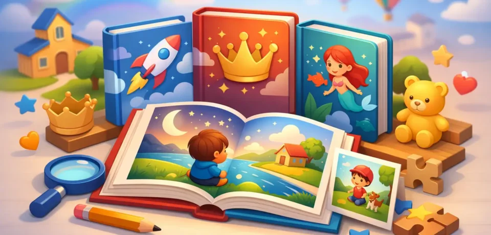 Colorful storybooks with playful illustrations.