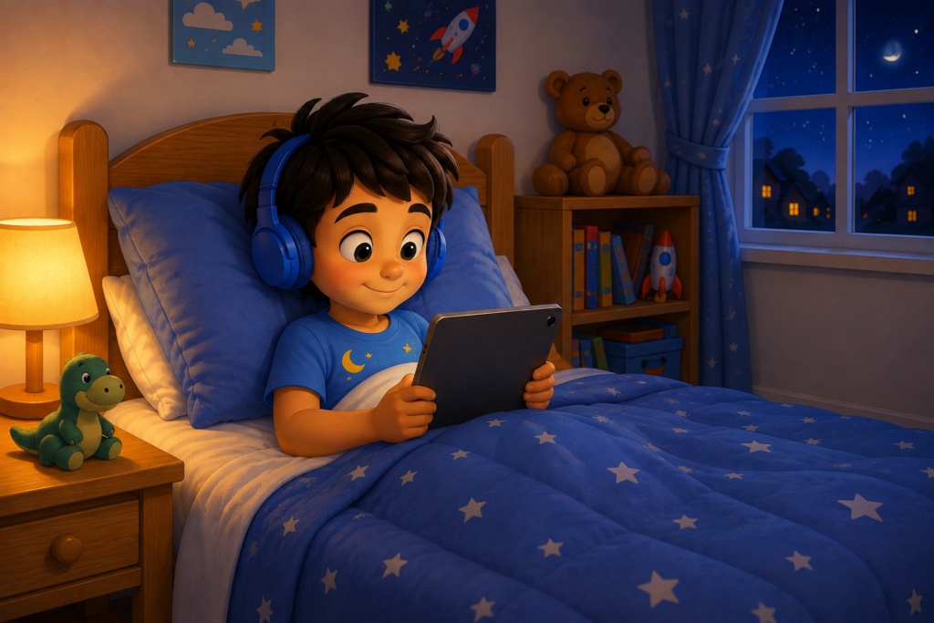 Child wearing headphones listening to a narrated Maple-Kids story while relaxing